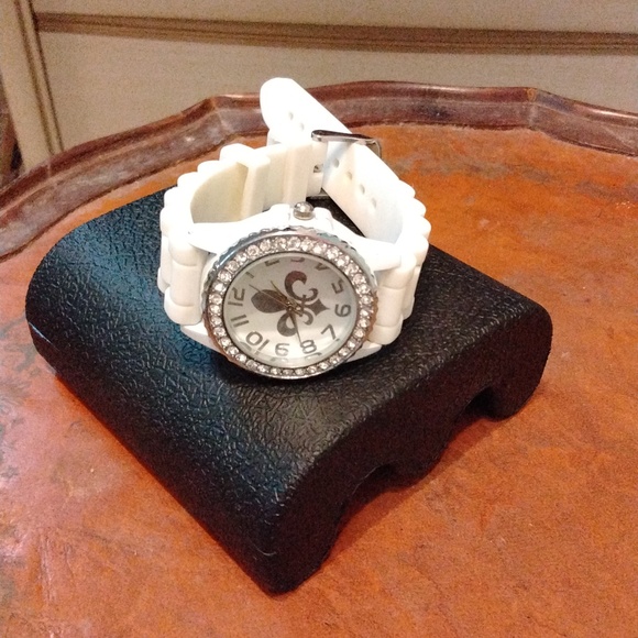 Women's NWOT Fleur de Lis White/Silver Rhinestone Encrusted watch w/ Sport Band - Picture 2 of 6